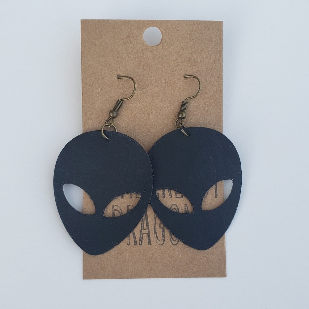 Alien Head - Black Faux Leather Fishhook Earrings